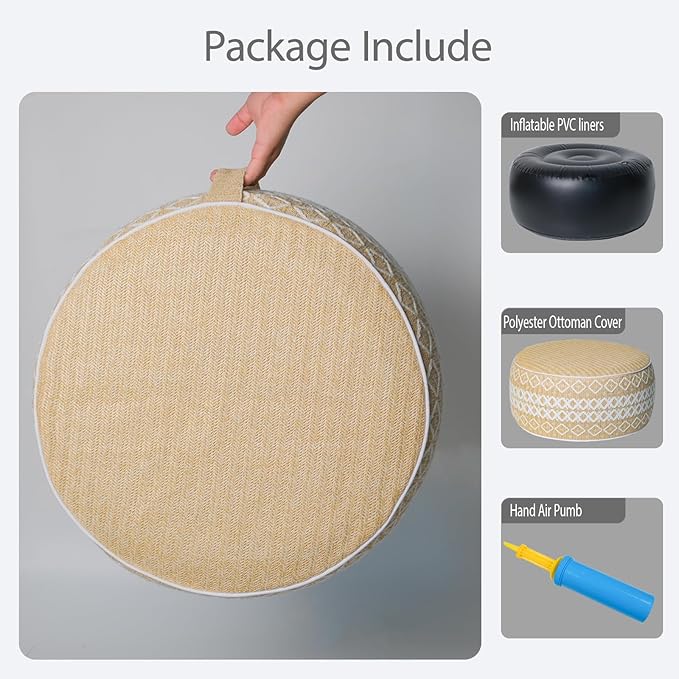 Outdoor Inflatable Ottoman with Air Pump, Embroidery Patio Footrest Stool D21”x H9”, Round Pouf Ottoman with Portable Handle Suitable for Garden, Camping, Bedroom, Living Room