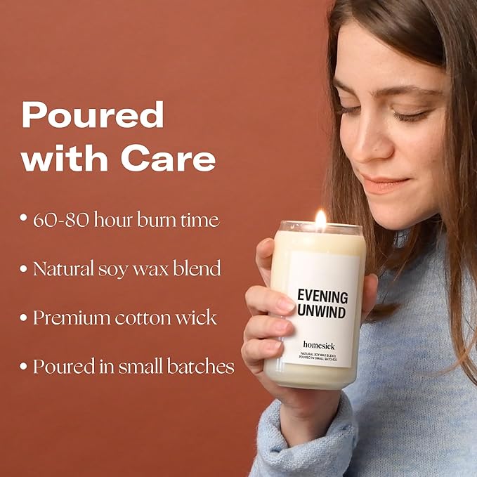 Homesick Scented Candles for Home (Evening Unwind) - 13.75 oz Long-Lasting Natural Soy Wax Blend Jar Candle Gifts for Women & Men, 60-80 Hours Burn Time - Notes of Valencia Orange, Melon & Moss