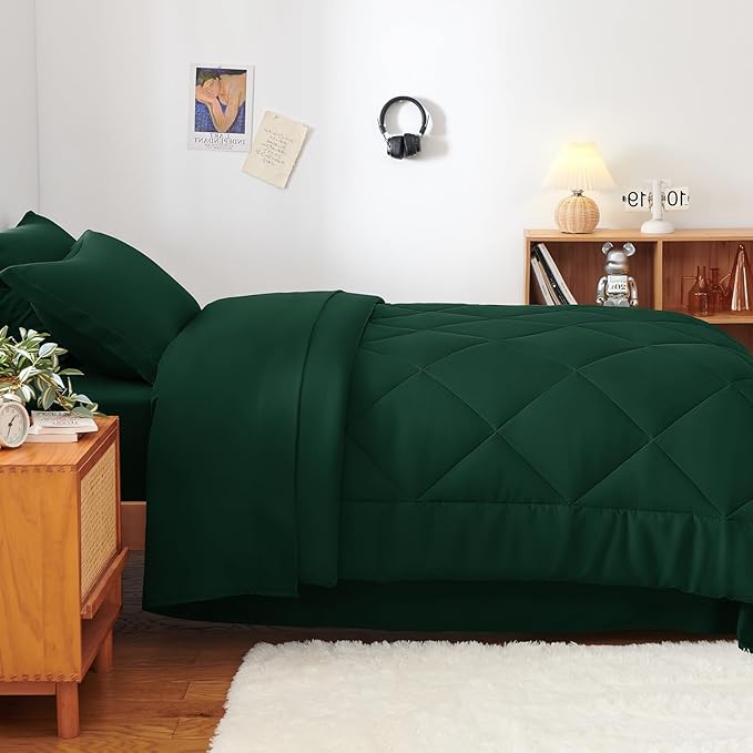 CozyLux Twin XL Comforter Set Emerald Green - 5 Pieces Twin Extra Long Bed in a Bag for College Dorm, All Season Bedding Set for Girls and Boys, Soft Bed Set with Comforter, Sheets, Pillowcase & Sham