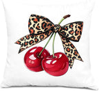 Coquette Leopard Bow Cherry Pillow Covers 18x18, Coquette Cheetah Print Room Decor, Preppy Girly Trendy Leopard Ribbon Cherry Decorative Throw Pillow Covers for Girls Dorm Apartment