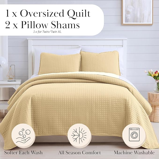 Southshore Fine Living, Inc. Full/Queen Quilt Bedding Set, Cozy Coverlet Queen Size Bedspread, Wrinkle-Free, Pet Hair Resistant Bedding, Full Size Quilt Coverlet w/2 Pillow Shams, Gold