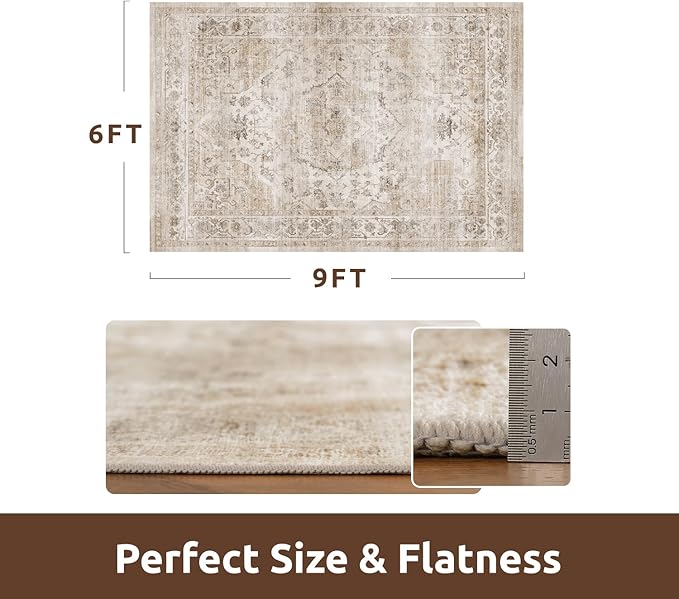 AMOAMI-Area Rug 6X9 Rugs for Living Room-Vintage Soft Beige Rugs for Bedroom-Non Slip Carpet-Machine Washable Rug for Dining Room Living Room Bedroom Office Under Table