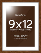 Homeforia 9x12 Picture Frame Brown, High End Dark Oak 9 x 12 Walnut Wooden Frames with Mat 7 by 10 Photo, 12x9 Wood Frame Matted to 7x10 Art, Wall or Tabletop Frame, Tempered Glass, Wall Kit, Set of 1