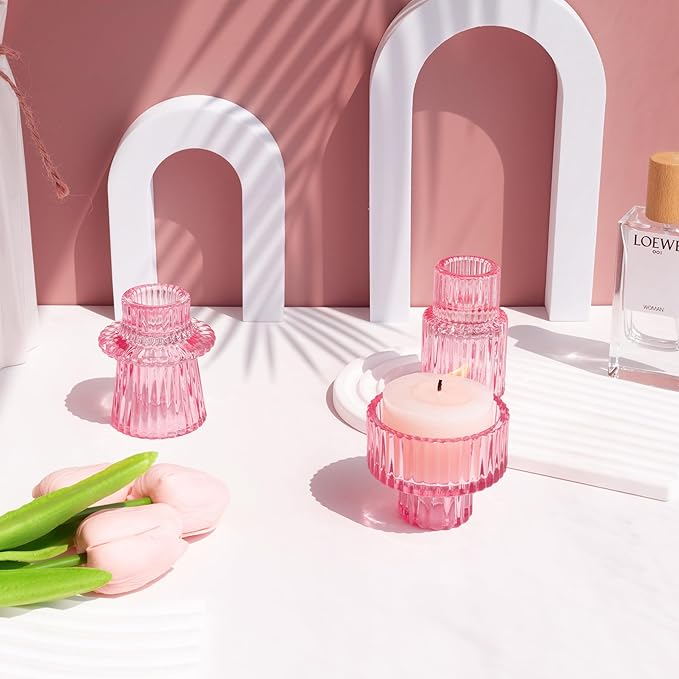 Candlestick Holders Set of 6, Ribbed Glass Taper Candle Holders, Reversible Pink Tealight & Candle Stick Candle Holder Vintage Crystal Tapered Candlestick for Wedding Dinner Party Festival