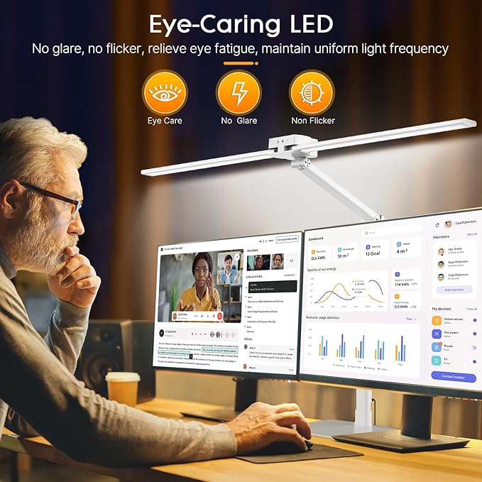 Syrinx Table Lamp, 24W Desk Lamp for Home Office with Gesture Sensor Switch and Touch Control, Eye-Caring Double Head LED Table Lamp with 25 Light Modes Adjustable Desk Light with Metal Base