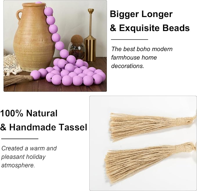 OMISHE 76" Long Large Wood Bead Garland with 1.6" Diameter Wooden Beads and Tassels, Rustic Farmhouse Country Wood Beads Garland for Home Tiered Tray Decor, Decorative Beads with Tassels Purple