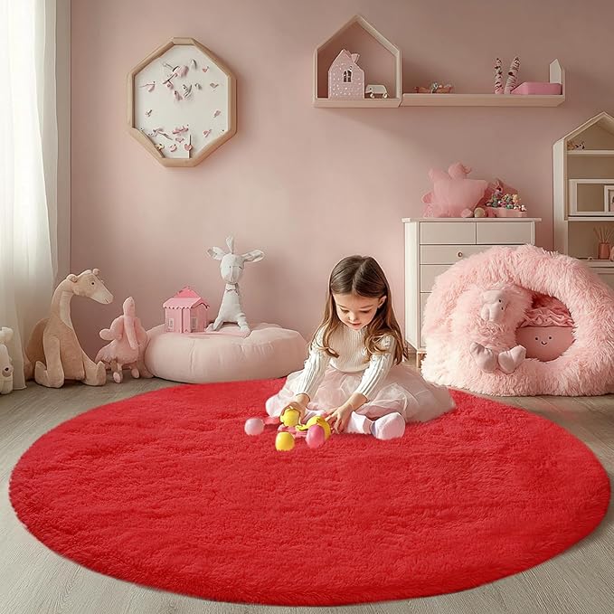 Round Fluffy Rug for Bedroom Red: 4ft Red Soft Furry Rug for Bedroom- Fluffy Fuzzy Round Area Rugs for Living Room- Small Bedside Plush Carpet for Nursery, Birthday Decor, Spiderman Carpet