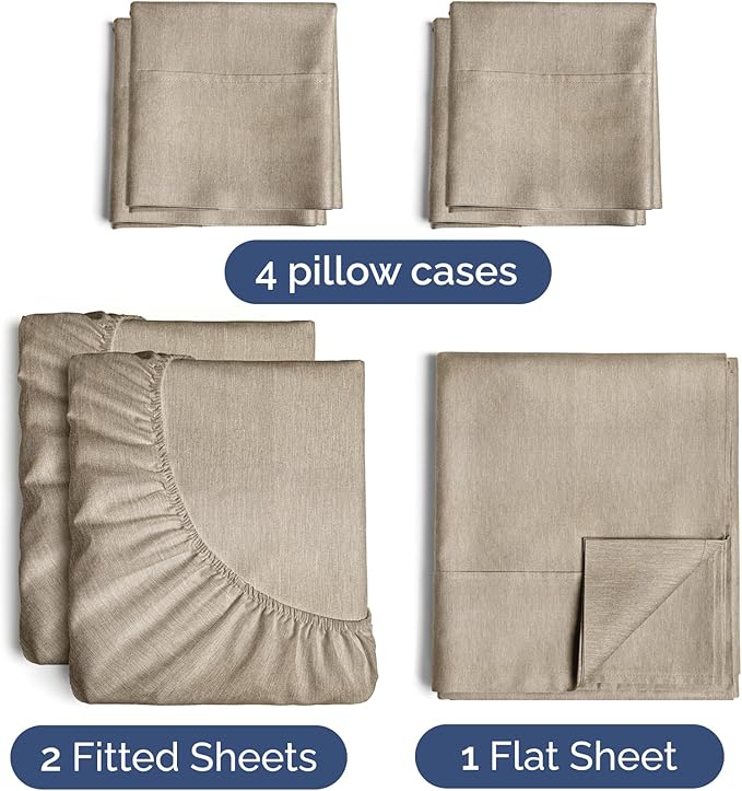 Split King Sheets Set 7 Piece - Includes 4 Pillowcases - Bed Sheets Split King - Soft Hotel Luxury Bedding - Cooling & Breathable - 1 Flat & 2 Fitted & 4 Pillowcases w/ Deep Pockets - Heathered Beige