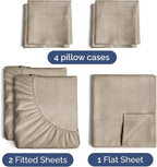 Split King Sheets Set 7 Piece - Includes 4 Pillowcases - Bed Sheets Split King - Soft Hotel Luxury Bedding - Cooling & Breathable - 1 Flat & 2 Fitted & 4 Pillowcases w/ Deep Pockets - Heathered Beige