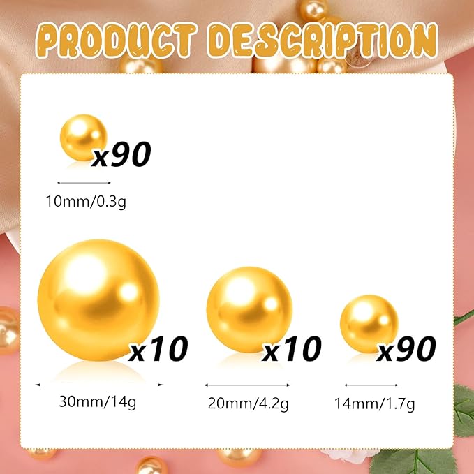 200PCS Golden Yellow Faux Pearls Beads for Centerpiece Vases, Vase Filler Faux Pearls, No Holes Filler Beads for Party Anniversary Birthday Wedding Table Decor, 10/14/20/30mm