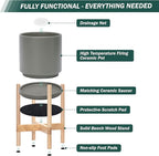 D'vine Dev Ceramic Planter with Natural Stand - 8 Inch Modern Round Flower Pot with Wood Planter Holder, Grey, 55-B-N-3