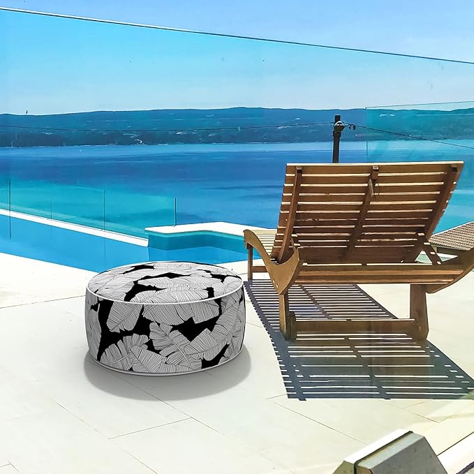 LVTXIII Inflatable Stool Ottoman Footrest with Handle, Indoor or Outdoor Foot Rest for Home Patio Garden and Camping, D21 x H9, Black Lush Leaf Jungle