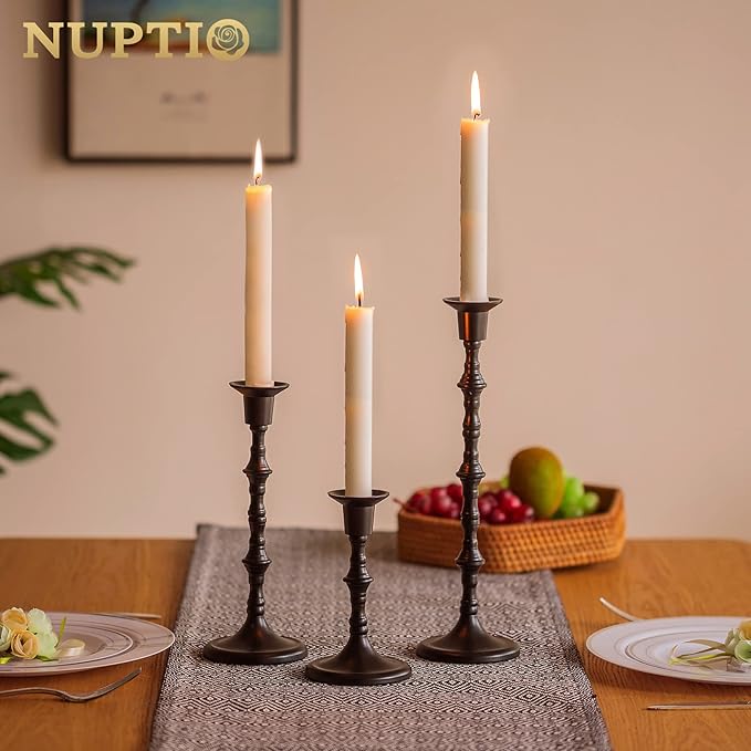 Nuptio Black Candle Holder for Candlestick: Set of 3 Gothic Taper Candle Stick Holders - Tall Metal Candleholders for Halloween Christmas Fireplace Dining Room Table Centerpieces