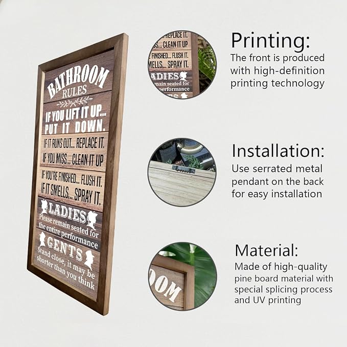 Rustic Bathroom Decor Rules Wood Sign, Frame Western Bathrooms Decors, Farmhouse Bathroom Décor, Rustic Bathrooms Door Rules Décor Sign