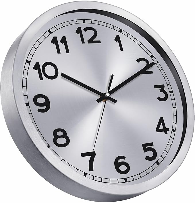 Plumeet Wall Clock, 12 Inch Battery Operated Wall Clock with Silver Aluminum Frame, Non Ticking Silent Metal Wall Clocks Decorative Kitchen Living Room Bedroom