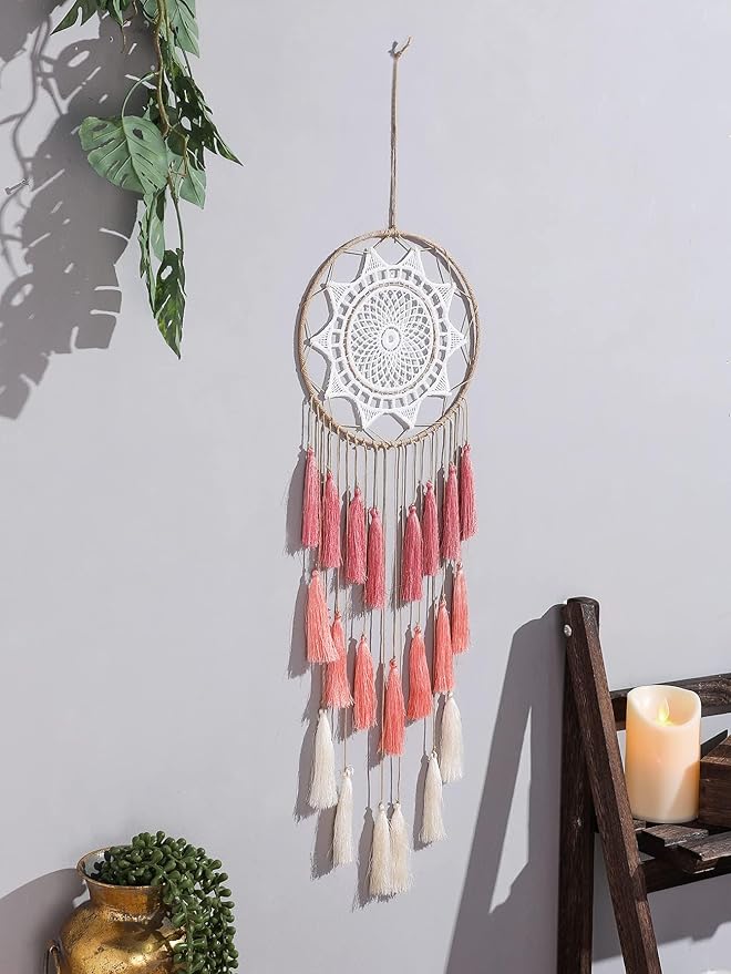 Artilady Macrame Dream Catchers for Bedroom - Tassel Wall Hanging Handmade Dreamcatchers Home Decor with Tassel Feather Ornament Craft Blessing Gift (Pink)