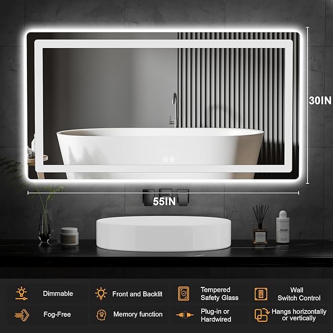 Led Mirror for Bathroom, 30x55 Bathroom Vanity Mirror for Wall with Light, IP54 Enhanced Anti-Fog, Dimmable 3 Colors, Memory Function, Backlit and Front Lit, Shatter-Proof Glass, Plug-in/Hardwired