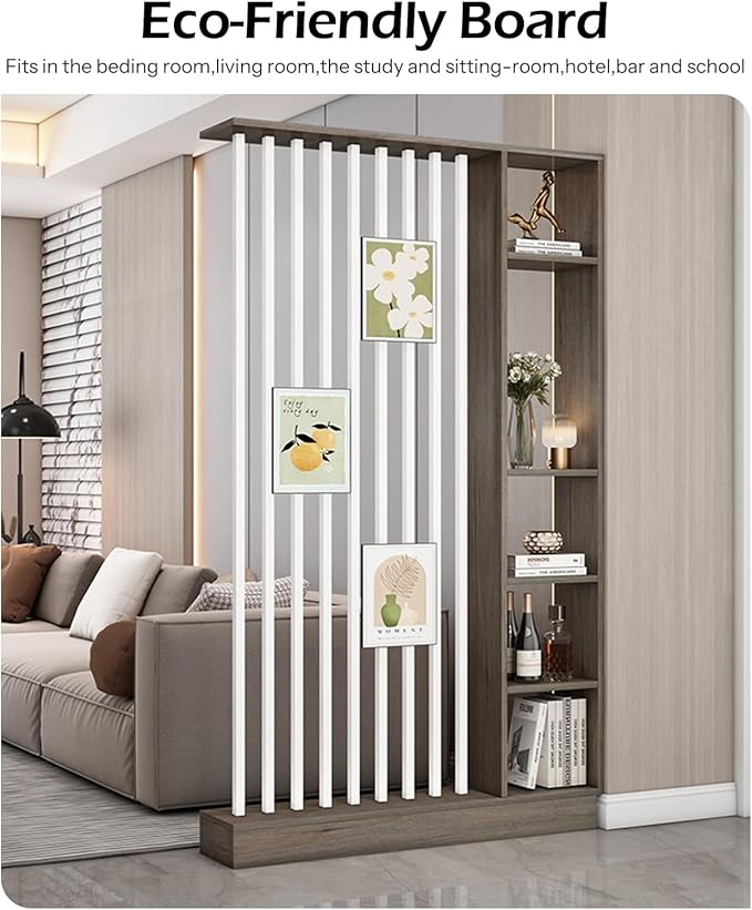 Wall Room Divider, Storage Cabinet Storage Display with Shelves, Modern Freestanding Wood Room Divider Screen, Wall Privacy Screens for Home Decorative (Grey Oak+White,39.5" L x 9.5" W x 79.5" H)