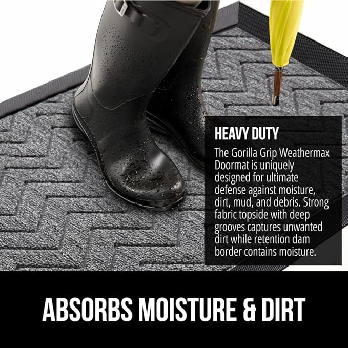 GORILLA GRIP 100% Waterproof All-Season WeatherMax Doormat, 34x58, US Designed Natural Rubber, Stain and Fade Resistant, Low Profile Indoor Outdoor Door Mats, Easy Clean Patio Mat, Steel Chevron