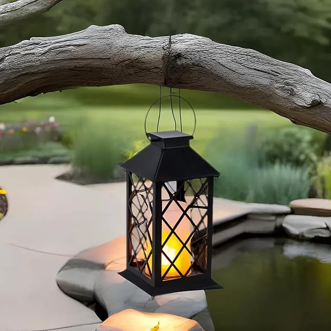 Simplelight 11 Inch Decorative Lanterns-IP44 Waterproof Outdoor Hanging Lantern, Battery Operated Decorative Lantern for Patio, Table, Fireplace with Timer, Black Color (1)