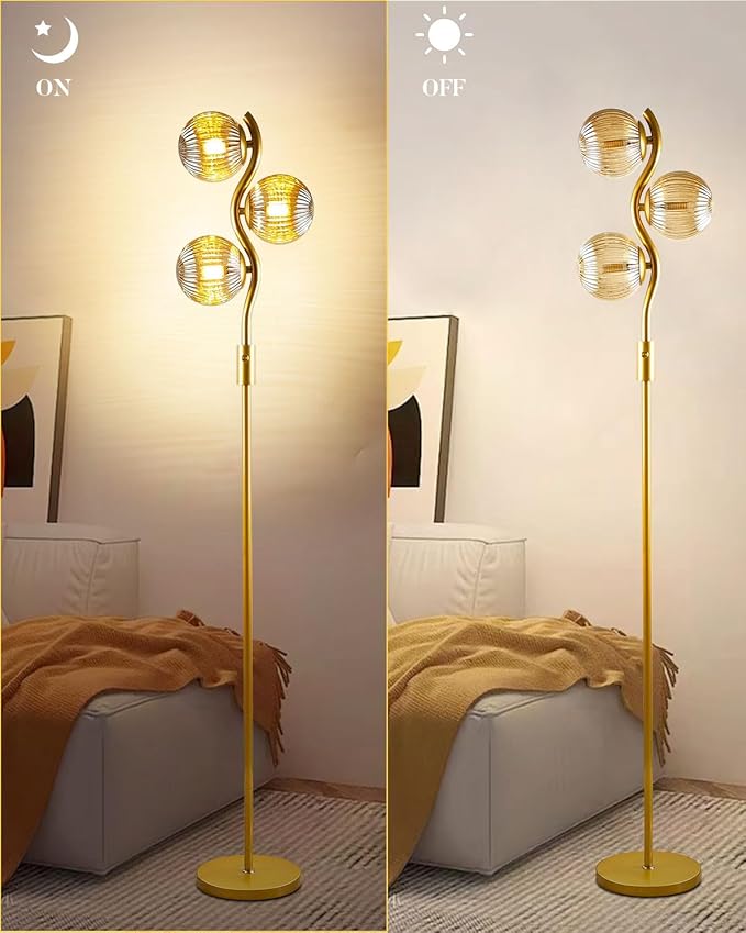 Lightdot 60IN Dimmable Gold Floor Lamp with 3 Glass Globe Mid Century Standing Lamps with 3Pcs 3000K Soft Warm White G9 Bulbs Stepless Brightness Adjustable Modern Tall Lamp for Bedroom Office