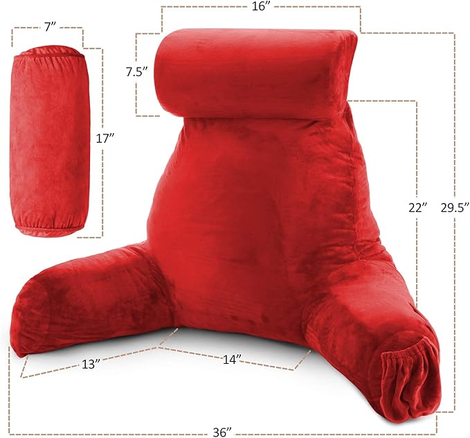 Nestl Reading Pillow Large Bed Pillow, Back Pillow for Sitting in Bed Shredded Memory Foam Chair Pillow, Reading & Bed Rest Pillows Cherry Red Back Pillow for Bed, Bed Chair Arm Pillow with Pockets