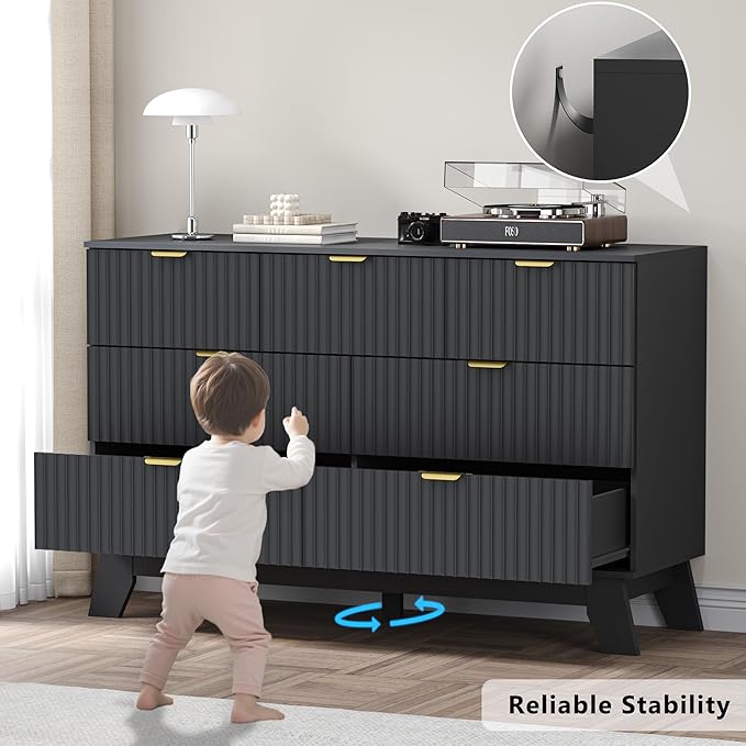 Fluted 6 Drawer Dresser, 47.2" Wide Modern Boho Chest of Drawers, Wooden Storage Dresser TV Stand for Bedroom, Living Room, Closet, Hallway, Curved Profile Design