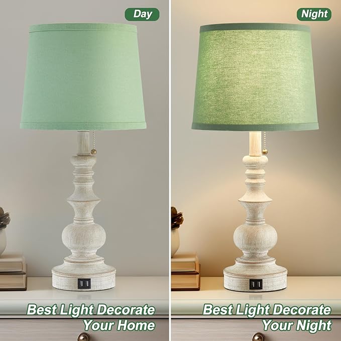 22'' Farmhouse Lamps for Bedrooms Set of 2 Bedside Lamps for Nightstand with USB Charging Ports Traditional Boho Table Lamps for Living Room Study Room,Green Shade,Bulbs Not Included