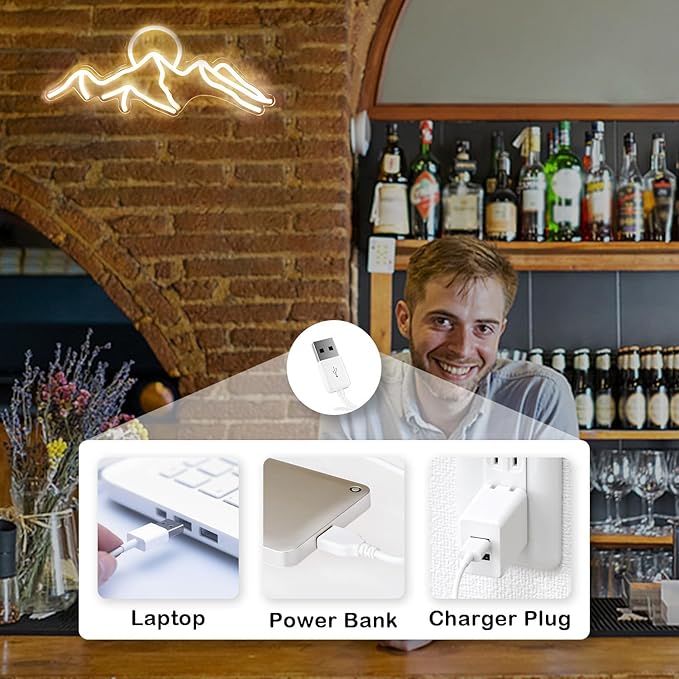 Ulalaza LED Decorative Lights USB Mountains Sunrise Sunset Led Neon Signs Home Decoration Wall Art Holiday Gift Brightness Adjustable 16.5''x11.8''