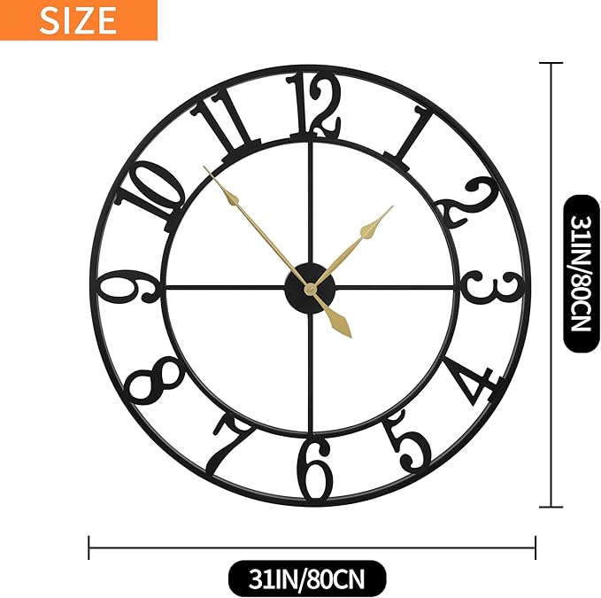 LEIKE Extra Large Wall Clocks,Silent Little Ticking,Battery Operated Vintage Round Modern Metal Wall Clock for Living Room, Bedroom,Farmhouse,Office Home Decor-32 Inch(Black-Arabic Number)