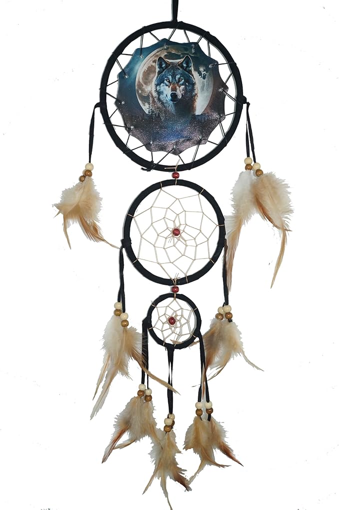 Remorelt Wolf Eagle Bear Dream Catcher Bedroom Wall Decor, Christmas Home Decoration, Room Accessory, White Moon Feather Decoration - Unique Home Craft Wall Pendant (DC24 6Inch Wolf W/Moon)
