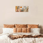 Bwodke Boho Wall Art, Framed Abstract Sun Wall Art, Botanical Canvas Wall Decor, Mid Century Line Leaf Geometric Pictures Set of 3, Minimalist Paintings, for Bedroom Living Room Bathroom 12"x16"
