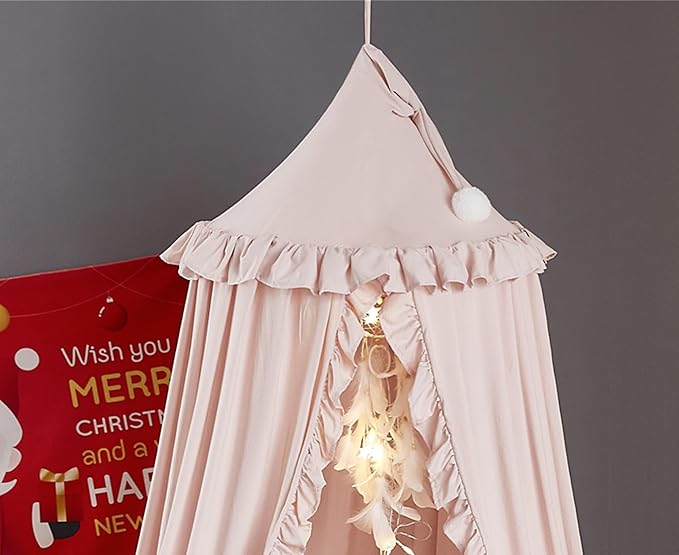 VETHIN Bed Canopy for Girls,Princess Round Dome Dreamy Mosquito Net Bedding Girls Room Castle Play Tent Hanging House Decor Reading Nook Canopies (Beige Pink)