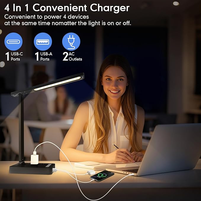 Desk Lamp with 4-Port Charging Station (2 AC Outlets, USB-C, USB-A), 5 Color Modes & Adjustable Brightness, Flexible Gooseneck Arm, Eye-Protecting LED Light Source, Ideal for Home Offices & Bedrooms