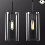 Modern Black Pendant Lights Kitchen Island 2 Pack Glass Pendant Light, 9.5in Farmhouse Clear Glass Cylinder Pendant Light Kitchen Pendant Lighting Over Island for Sink, Bathroom, Bar,Dining