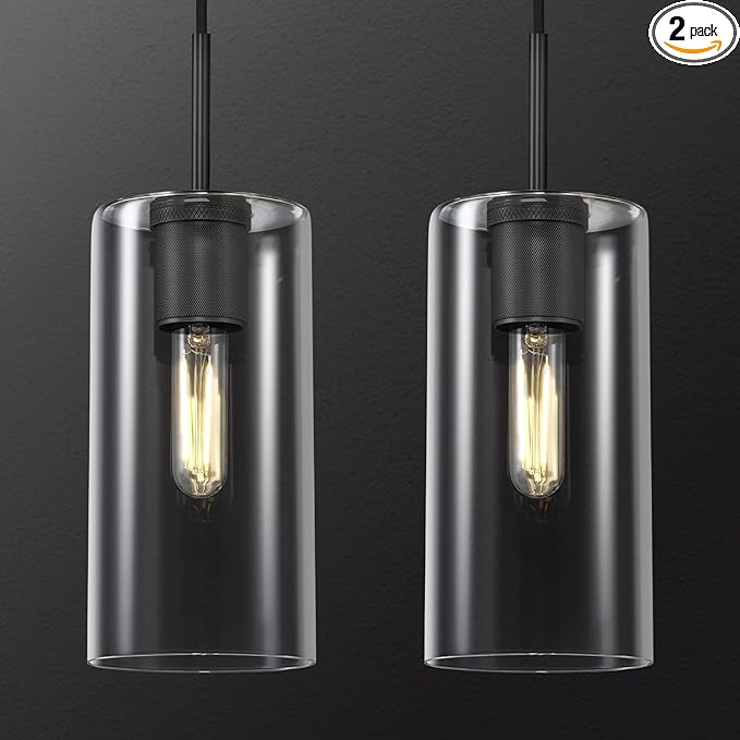 Modern Black Pendant Lights Kitchen Island 2 Pack Glass Pendant Light, 9.5in Farmhouse Clear Glass Cylinder Pendant Light Kitchen Pendant Lighting Over Island for Sink, Bathroom, Bar,Dining