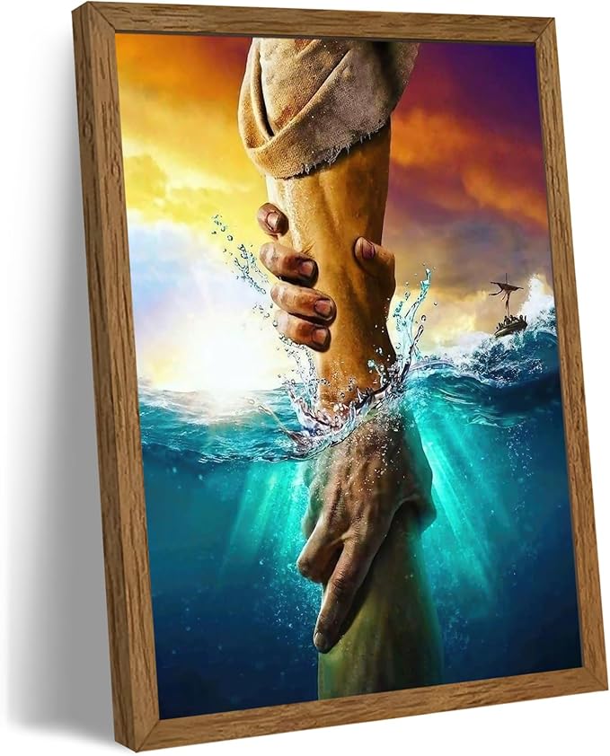 Solid Wood Framed Jesus Christ Canvas Wall Art The Hand of God Jesus Reaching Into Water Christian Painting Prints Biblical Wall Decor Religious Room Decor for Church Prayer Room Schools 12'' x 16''