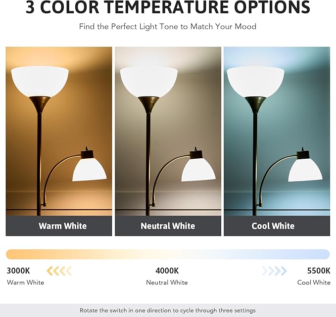 VONLUCE Torchiere Floor Lamp, 71" Standing Lamp with Adjustable Reading Lights & 2 Bulbs, 3 Color Temperatures Modern Tall Pole Lamp for Living Room Bedroom Corner, Nickel