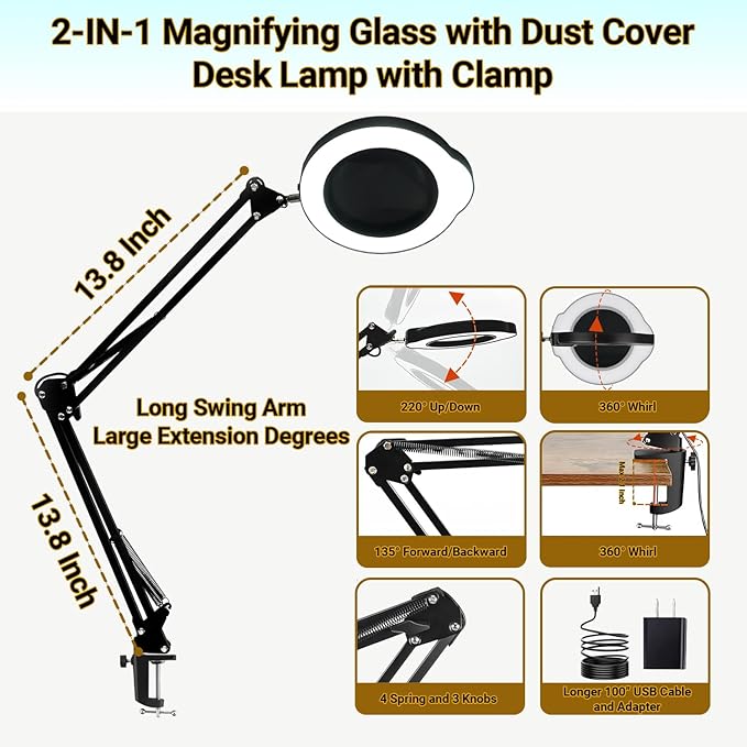 15X Magnifying Glass Desk Lamp with Clamp, Real Glass Lens with Dust Cover, 84 LEDs, 5 Color Modes, 10 Brightness Dimmable, Long Flexible Swing Arm Magnifier for Reading, Crafting, Repair, Close Works