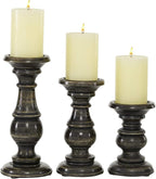 Deco 79 Mango Wood Decorative Candle Holder Distressed Turned Pillar Candle Stand, Set of 3 Candlestick Holder 6", 8", 10"H, Black