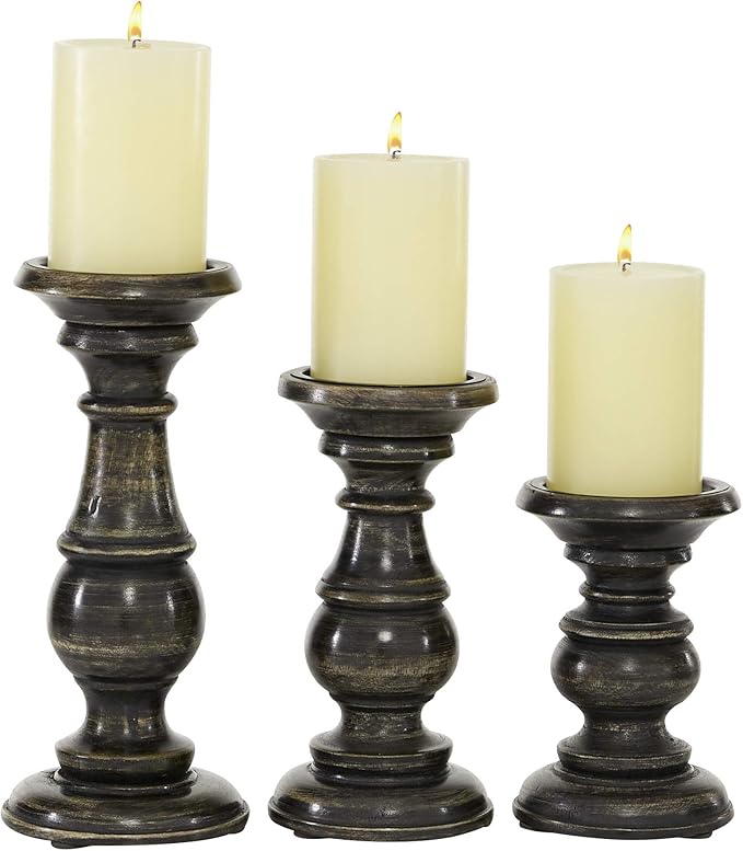 Deco 79 Mango Wood Decorative Candle Holder Distressed Turned Pillar Candle Stand, Set of 3 Candlestick Holder 6", 8", 10"H, Black