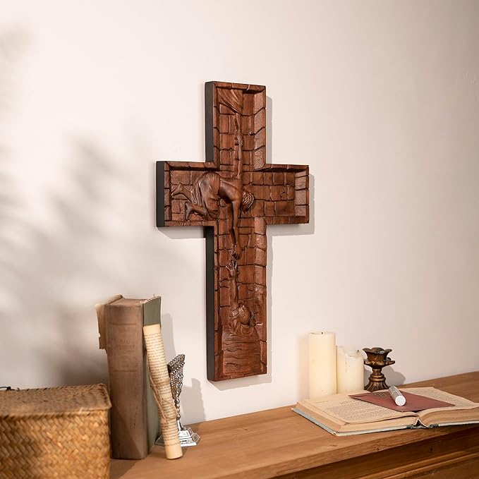 BGCOPPER Crucifix Wall Cross Handmade Wooden Cross with Hook, Christian Wall Art Jesus Wall Cross Gifts for Church Home Room Decor Christmas Cross - 20 Inch