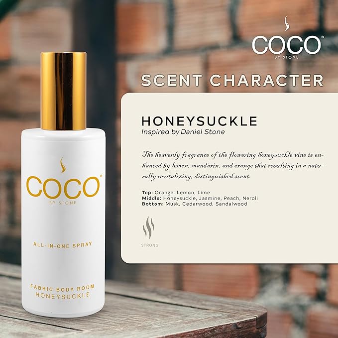 COCO by Stone 5oz All-in-One Spray (Honeysuckle) Shake & Spray Formula for Fabric, Pillows, Interiors, Clothing, Home Fragrance Accessories, Room Perfume, Room Deodorizer, Vegan & Cruelty-Free
