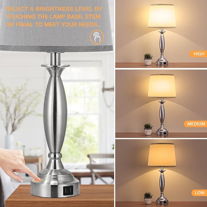 Seealle Lamps for Bedrooms - Touch Control Bedside Lamp with USB C+A, 3 Way Dimmable Nightstand Lamps with USB Port, Brushed Nickel Table Lamp for Living Room Guest Room Bed Side End Table(Single)
