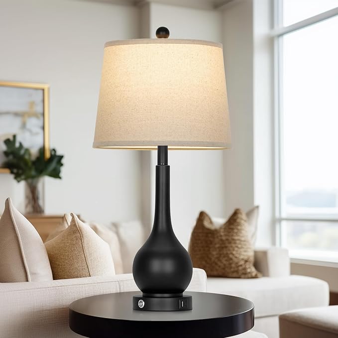 26" Black Table Lamps Set of 2 for Living Room, Touch Control Bedside Lamp for Bedroom, 3-Way Dimmable Nightstand Lamp with USB A+C Port (2 LED Bulbs Included)