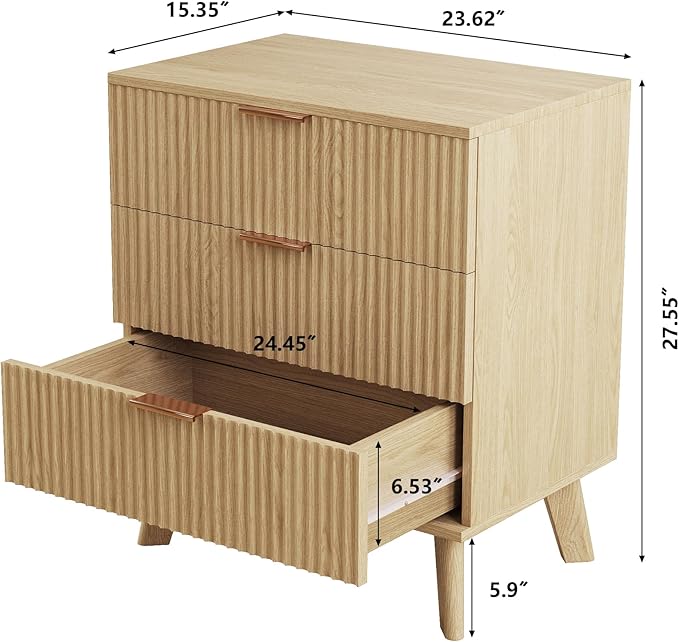 Fluted 3 Drawer Dressers, Modern Closet Dressers Chest of Drawers, Wood Storage Dresser Chest of Drawers Organizer for Bedroom Living Room Hallway Closet,Natural, 2 Sets