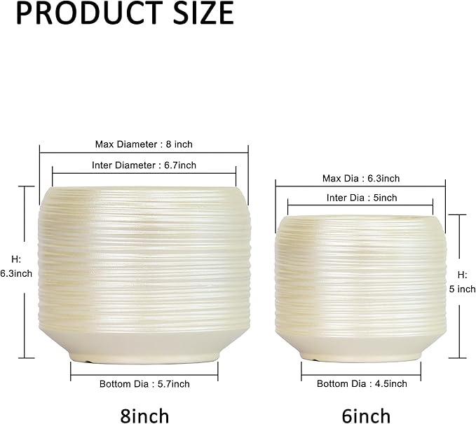 8 Inch + 6 Inch Ceramic Plant Pots Indoor with Drainage – Flower Pot Set, Decorative Indoor Planters for House Plants and Garden Use