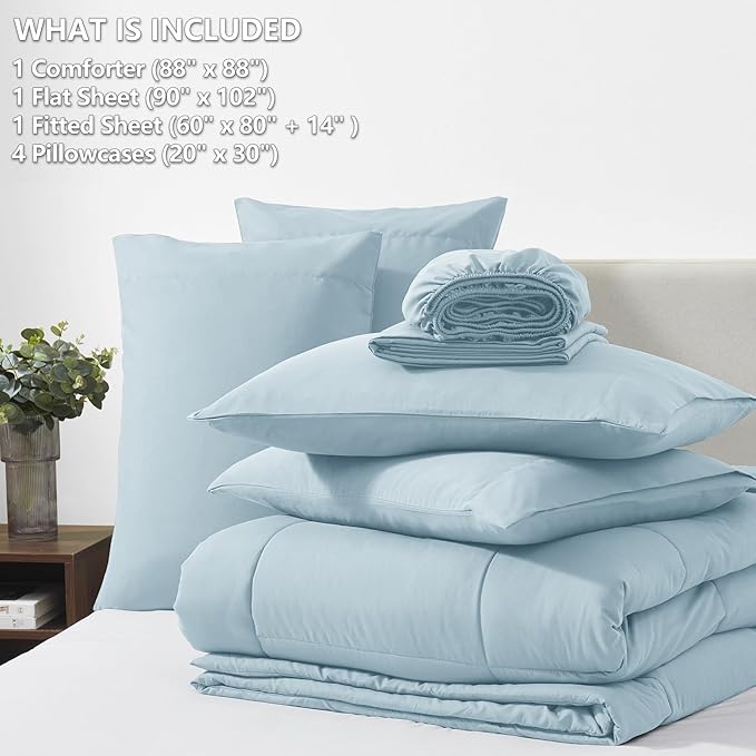 CozyLux Queen Comforter Set Light Blue, 7 Pieces Bed in a Bag, Blue Comforter Queen Size, All Season Bedding Sets with Stitch Quilted Comforter, Flat Sheet, Fitted Sheet, Pillowcases