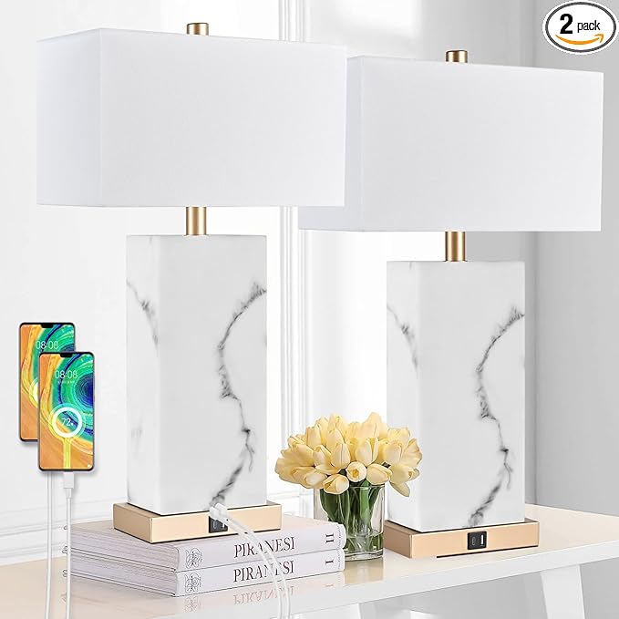 24" White Table Lamp Set of 2 Touch Control, Lamps for Living Room with USB, 3-Way Dimmable Bedside Nightstand Lamps, Gold Lamp Set for Bedroom, Marble Base Side Lamp for End Tables, Bulbs Included