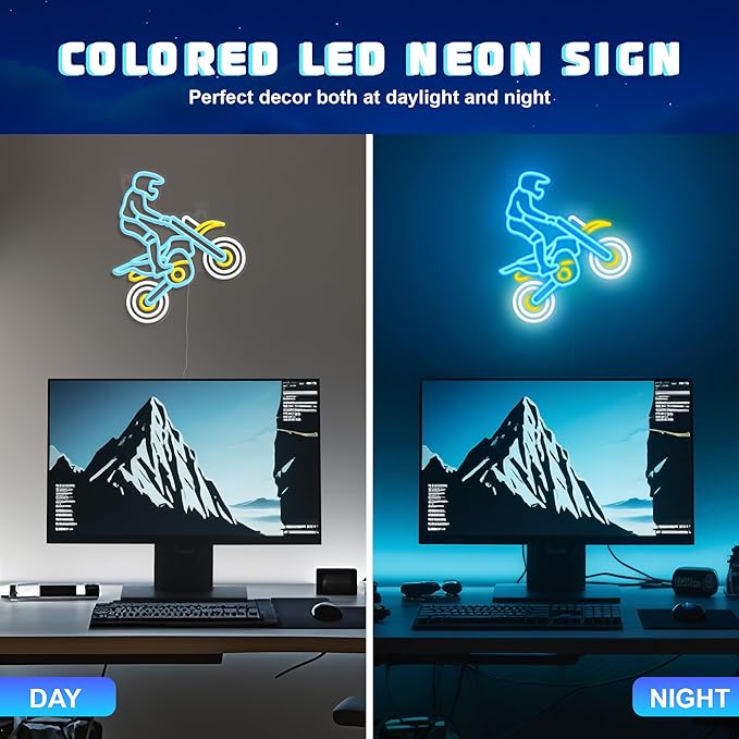 Dirt Bike Neon Signs for Wall Decor, Motercycle Neon Lights for Boys Bedroom Game Room Man Cave Garage Decor, 5V USB Power with Hanging Chain Hooks